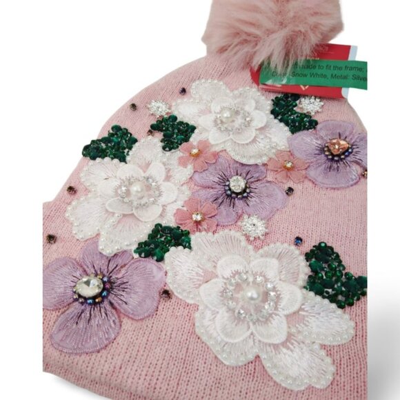Thoughtfully Elevated Dusty Rose Pom-Pom Beanie Embroidered Florals TT1523 - Picture 4 of 4